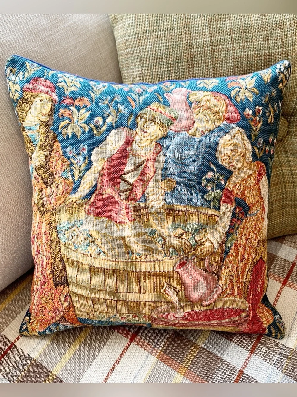 Vintage French Tapestry Pillow Wine Press 12x12 Throw Decorative Velvet Medieval